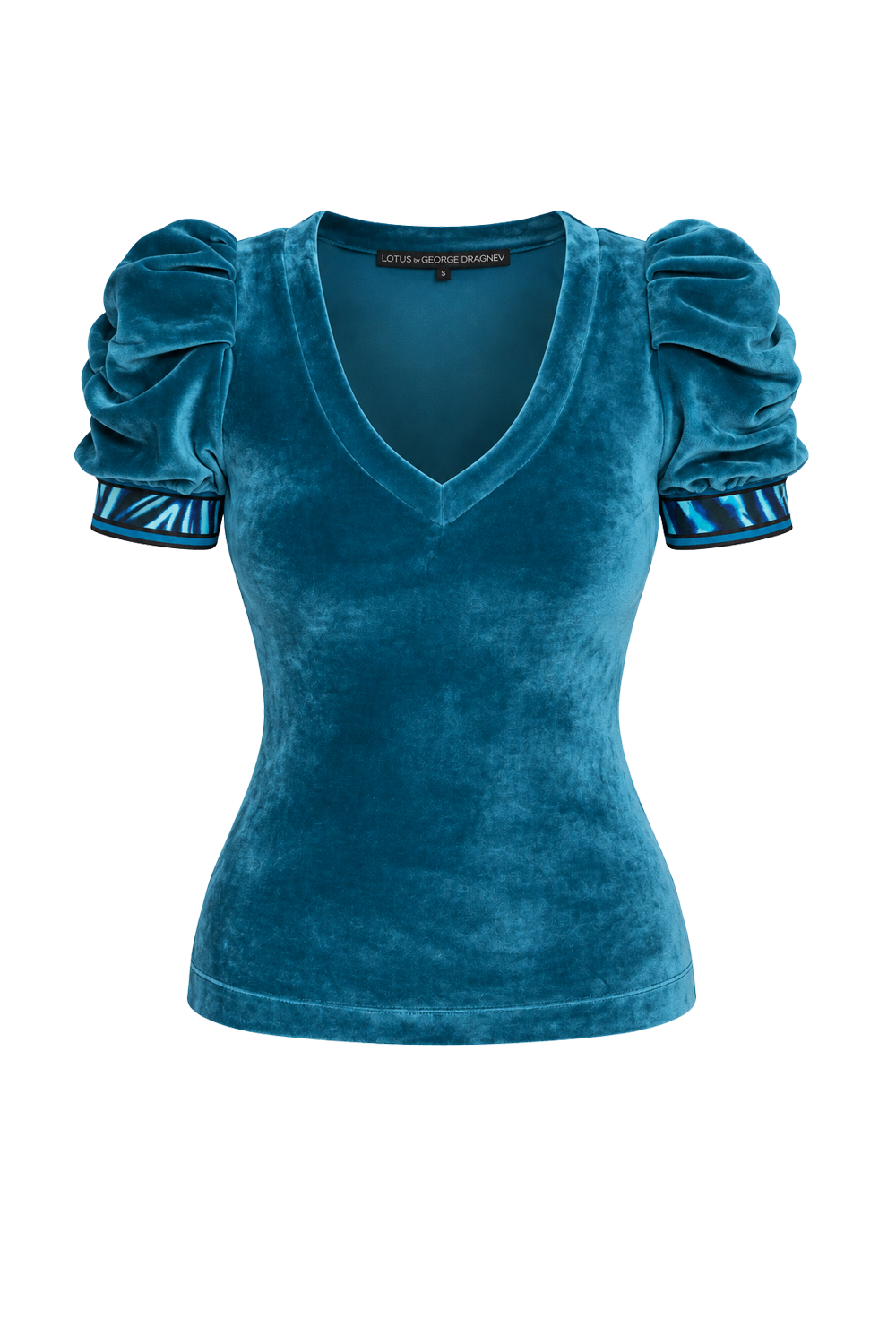 DUSTY TEAL V-NECK VELVET TOP WITH PUFF SLEEVES SHADES OF BLUE TRIM- ESSENTIALS JIORO БЛУЗА ОТ КАДИФЕ В ЦВЯТ ТИЙЛ С V-ДЕКОЛТЕ И НАБРАНИ РЪКАВИ SHADES OF BLUE - ESSENTIALS JIORO