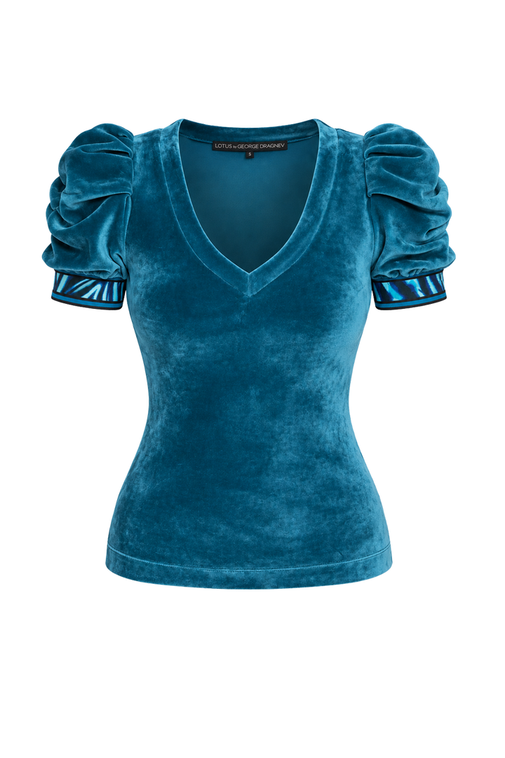DUSTY TEAL V-NECK VELVET TOP WITH PUFF SLEEVES SHADES OF BLUE TRIM- ESSENTIALS JIORO БЛУЗА ОТ КАДИФЕ В ЦВЯТ ТИЙЛ С V-ДЕКОЛТЕ И НАБРАНИ РЪКАВИ SHADES OF BLUE - ESSENTIALS JIORO