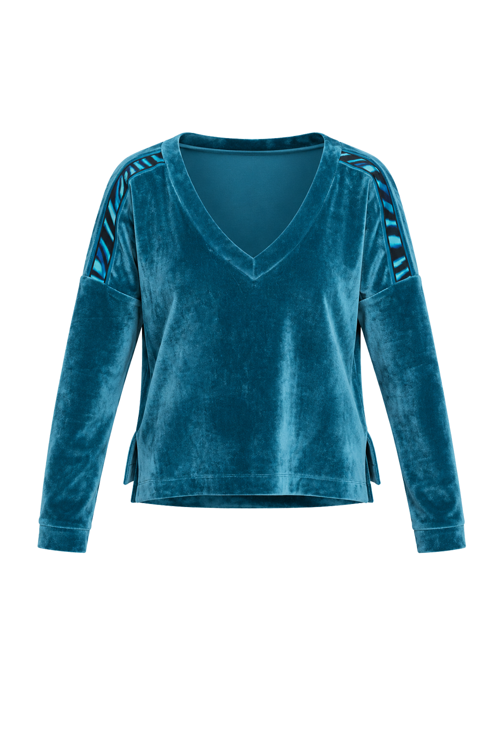 DUSTY TEAL RELAXED V-NECK VELVET TOP WITH SHADES OF BLUE PRINT TRIM - ESSENTIALS JIORO СВОБОДЕН ТОП ОТ КАДИФЕ В ЦВЯТ ТИЙЛ С КАНТ SHADES OF BLUE - ESSENTIALS JIORO