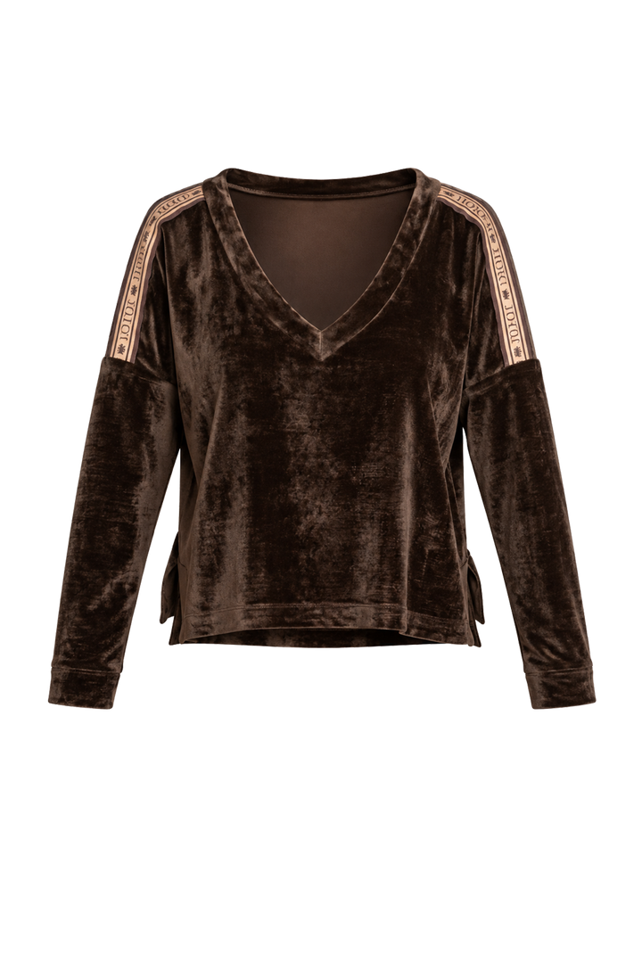 TRUFFLE RELAXED V-NECK VELVET TOP WITH MOCHA MOUSSE LOGO TRIM - ESSENTIALS