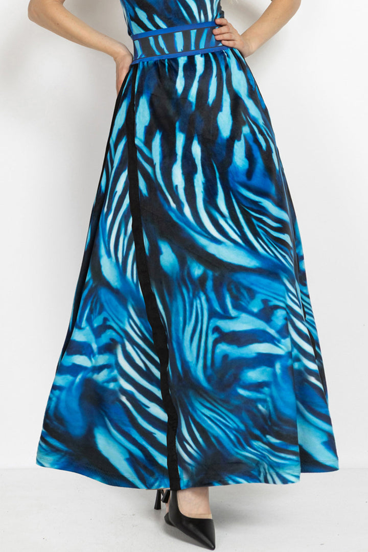 LONG VELVET A-LINE SKIRT WITH PRINTED WAISTBAND - SHADES OF BLUE JIORO ДЪЛГА ПОЛА ОТ КАДИФЕ С А-СИЛУЕТ И ВИСОКА ТАЛИЯ - SHADES OF BLUE JIORO
