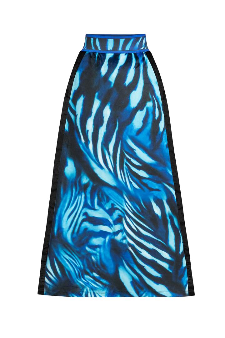 LONG VELVET A-LINE SKIRT WITH PRINTED WAISTBAND - SHADES OF BLUE JIORO ДЪЛГА ПОЛА ОТ КАДИФЕ С А-СИЛУЕТ И ВИСОКА ТАЛИЯ - SHADES OF BLUE JIORO