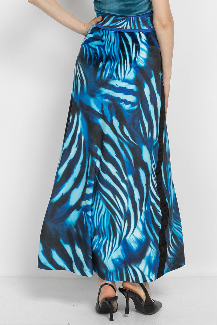 LONG VELVET A-LINE SKIRT WITH PRINTED WAISTBAND - SHADES OF BLUE JIORO ДЪЛГА ПОЛА ОТ КАДИФЕ С А-СИЛУЕТ И ВИСОКА ТАЛИЯ - SHADES OF BLUE JIORO