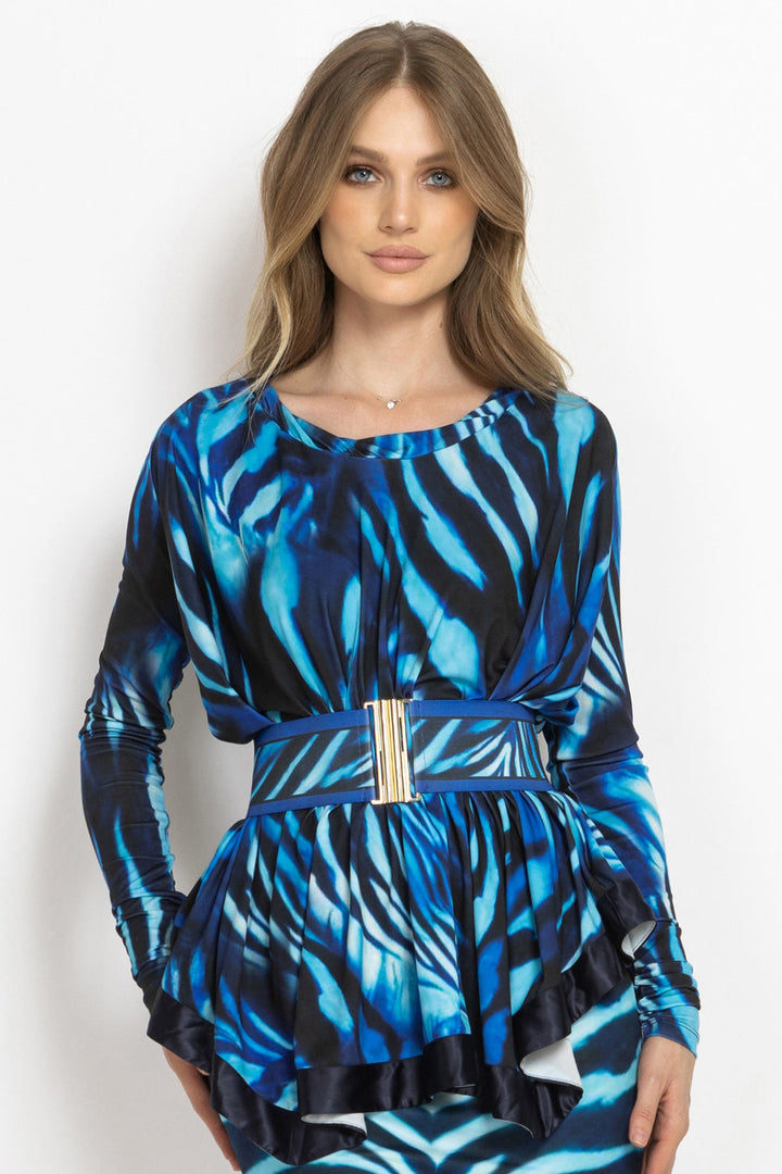 ASYMMETRIC LONG-SLEEVE TUNIC WITH DETACHABLE BELT - SHADES OF BLUE JIORO АСИМЕТРИЧНА ТУНИКА С ДЪЛГИ РЪКАВИ И ПОДВИЖЕН КОЛАН - SHADES OF BLUE JIORO