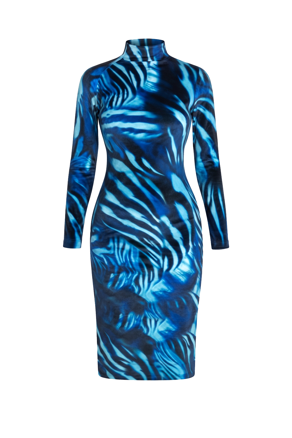HIGH-NECK MIDI VELVET DRESS WITH LONG RAGLAN SLEEVES - SHADES OF BLUE JIORO МИДИ РОКЛЯ ОТ КАДИФЕ С ВИСОКА ЯКА И ДЪЛГИ РЕГЛАН РЪКАВИ - SHADES OF BLUE JIORO