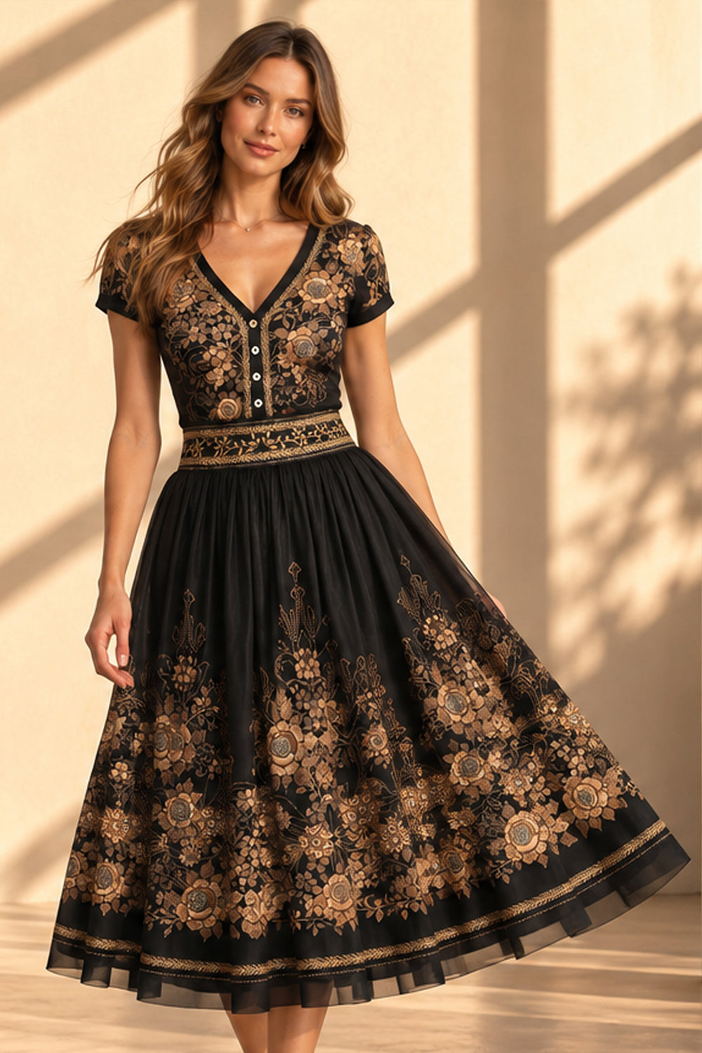 BUTTON-FRONT V-NECK TOP WITH CAP SLEEVES - GOLDEN ROSES