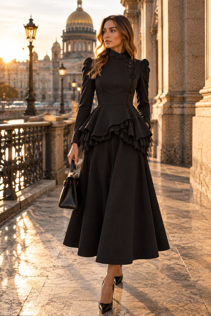 LONG BLACK COTTON A-LINE SKIRT - ESSENTIALS