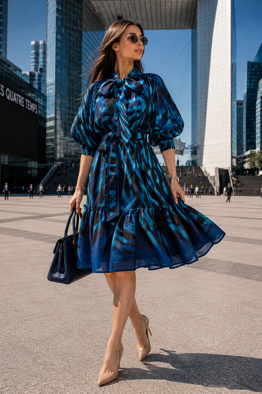 FLARED LYOCELL MIDI DRESS WITH BOW AND VOLUMINOUS SLEEVES - SHADES OF BLUE JIORO РАЗКРОЕНА МИДИ РОКЛЯ ОТ ЛИОСЕЛ С ПАНДЕЛКА И ОБЕМНИ РЪКАВИ - SHADES OF BLUE JIORO