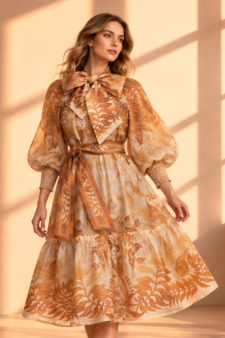 Flared Lyocell Dress With Bow And Voluminous Sleeves – Sunset