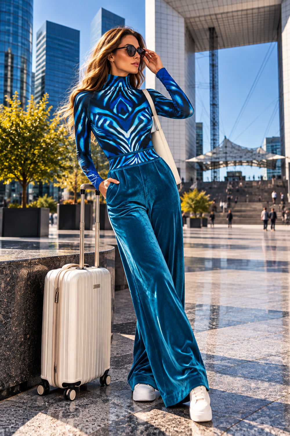 FITTED KNIT TURTLENECK TOP WITH LONG RAGLAN SLEEVES - SHADES OF BLUE JIORO ВТАЛЕНА БЛУЗА ОТ ФИНО ПЛЕТИВО С ПОЛО ЯКА И ДЪЛГИ РЕГЛАН РЪКАВИ - SHADES OF BLUE JIORO