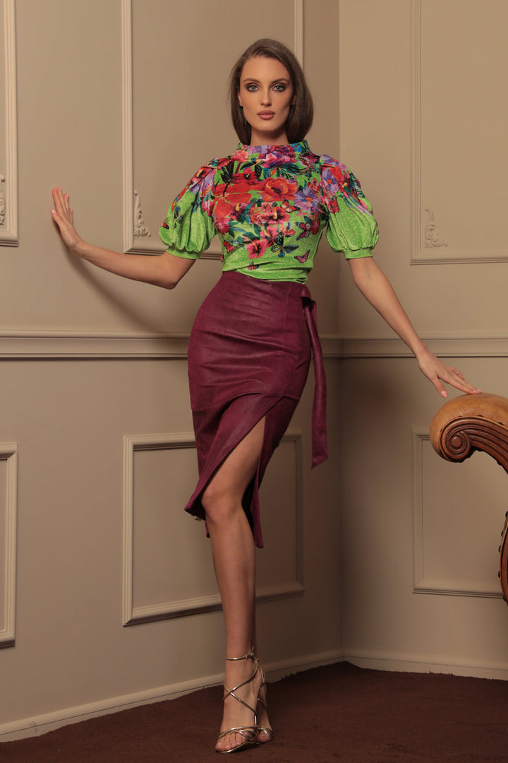 VELVET BLOUSE WITH HIGH NECK AND PUFF SLEEVES - ACID GREEN LOGO JIORO БЛУЗА ОТ ПЛЮШ С ВИСОКА ЯКА И БУФАН РЪКАВИ - ACID GREEN LOGO JIORO