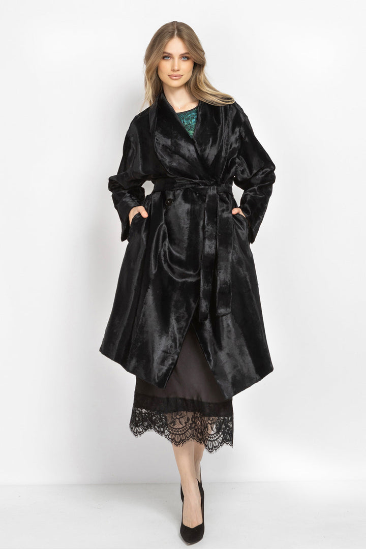 BLACK FAUX MINK SHAWL-COLLAR COAT - ESSENTIALS
