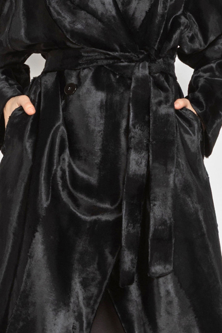 BLACK FAUX MINK SHAWL-COLLAR COAT - ESSENTIALS