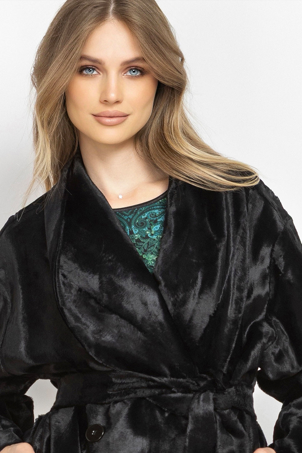 BLACK FAUX MINK SHAWL-COLLAR COAT - ESSENTIALS