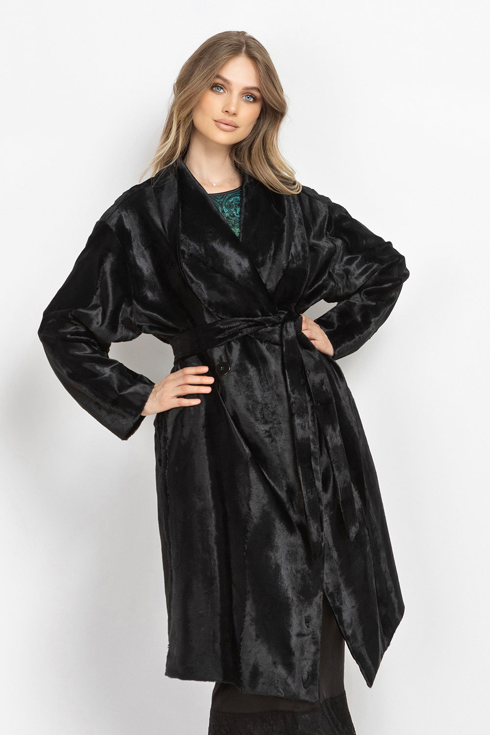 BLACK FAUX MINK SHAWL-COLLAR COAT - ESSENTIALS