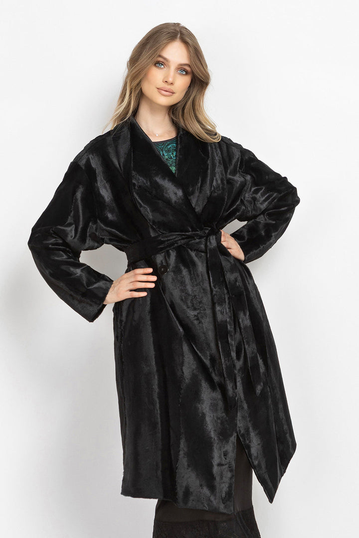 BLACK FAUX MINK SHAWL-COLLAR COAT - ESSENTIALS