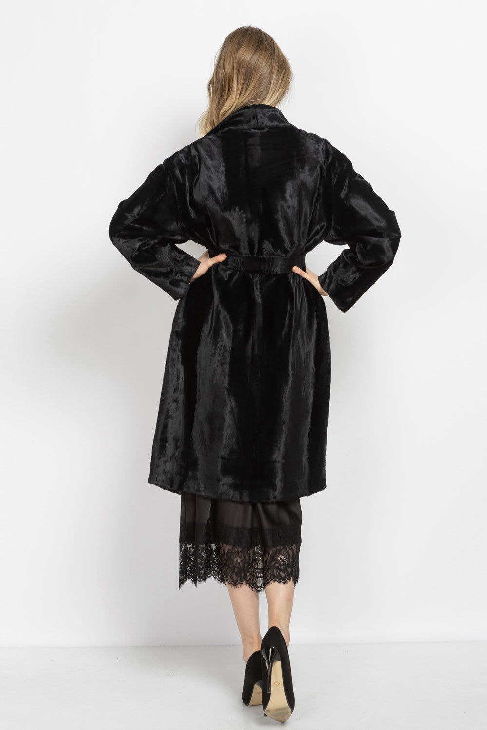 BLACK FAUX MINK SHAWL-COLLAR COAT - ESSENTIALS