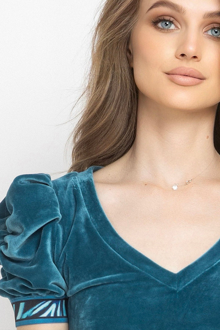 DUSTY TEAL V-NECK VELVET TOP WITH PUFF SLEEVES SHADES OF BLUE TRIM- ESSENTIALS JIORO БЛУЗА ОТ КАДИФЕ В ЦВЯТ ТИЙЛ С V-ДЕКОЛТЕ И НАБРАНИ РЪКАВИ SHADES OF BLUE - ESSENTIALS JIORO