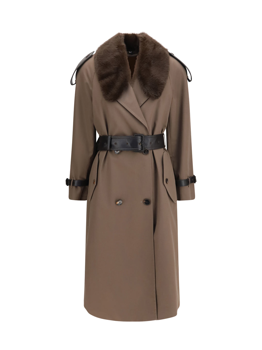 Long cotton Trench Coat with buffalo leather collar 1