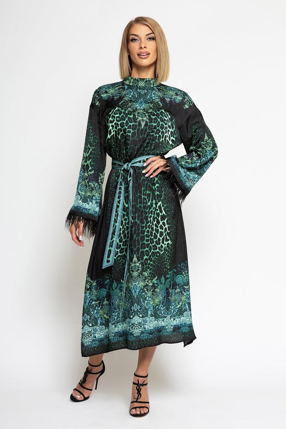 VISCOSE CAFTAN WITH FEATHERS - LEO NEON GREEN JIORO КАФТАН ОТ ВИСКОЗА С ПЕРА - LEO NEON GREEN JIORO