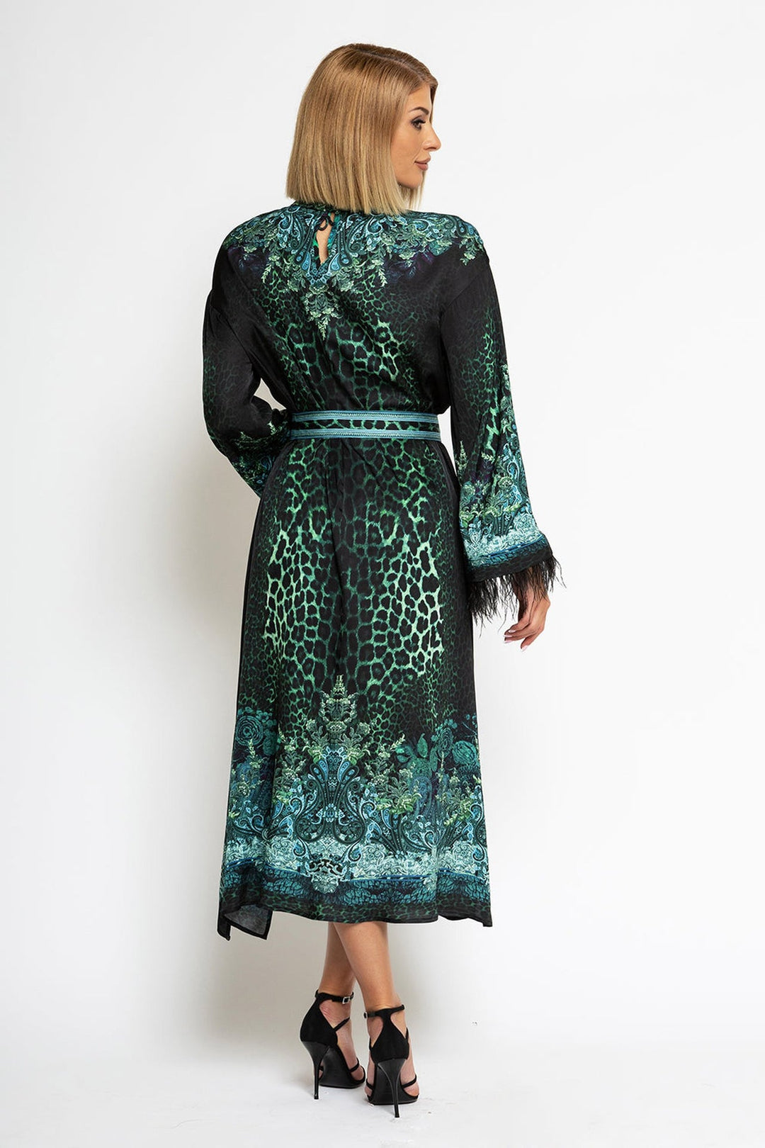 VISCOSE CAFTAN WITH FEATHERS - LEO NEON GREEN JIORO КАФТАН ОТ ВИСКОЗА С ПЕРА - LEO NEON GREEN JIORO