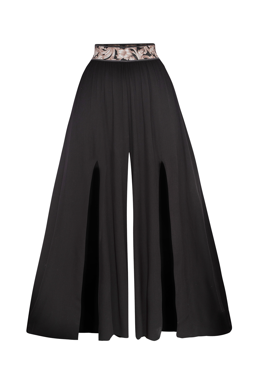 BLACK VISCOSE PANTS WITH ELASTIC WAIST IN BAROQUE PEARL AND SLITS - ESSENTIALS JIORO ЧЕРЕН ПАНТАЛОН ОТ ВИСКОЗА С ЛАСТИК В ТАЛИЯТА BAROQUE PEARL – ESSENTIALS JIORO