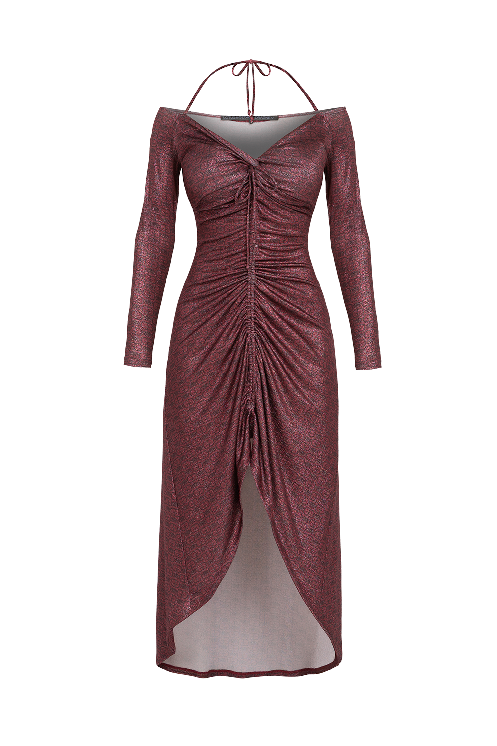 ASYMMETRIC LUREX DRESS WITH KNOT DETAIL AND FRONT DRAWSTRING - BURGUNDY LOGO JIORO АСИМЕТРИЧНА РОКЛЯ ОТ ЛУРЕКС С ВЪЗЕЛ - BURGUNDY LOGO JIORO