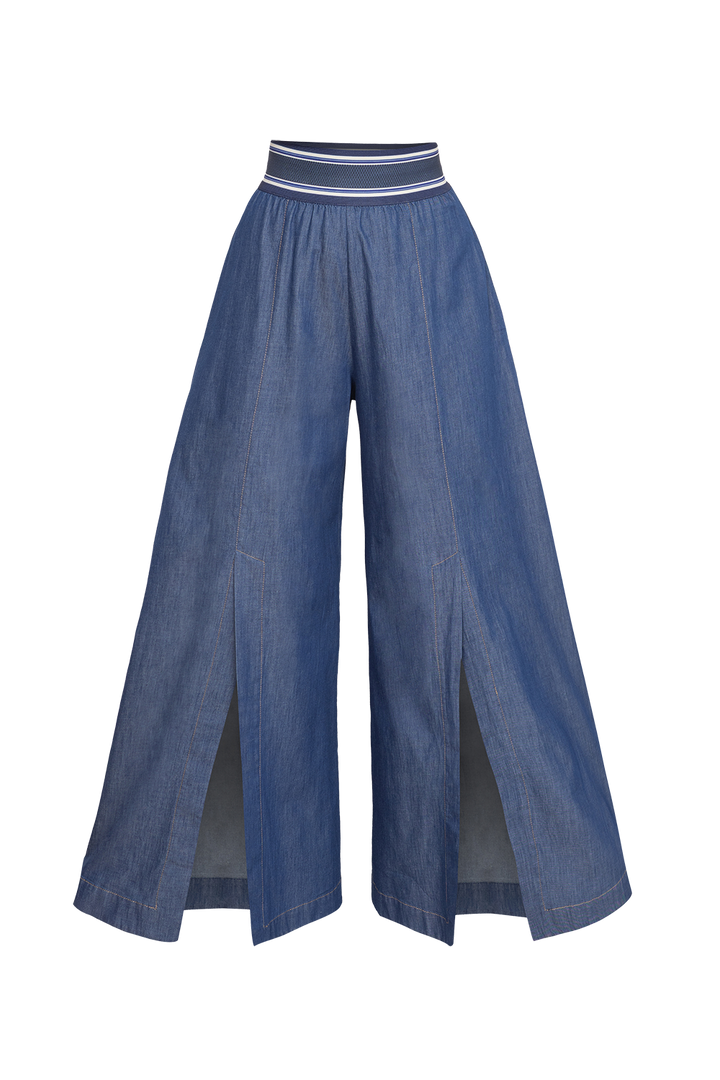 HIGH-WAISTED FLARED DENIM PANTS WITH FRONT SLITS - ESSENTIALS JIORO ПАНТАЛОН ОТ ТЪНЪК ДЕНИМ С ВИСОКА ТАЛИЯ И ЦЕПКИ – ESSENTIALS JIORO