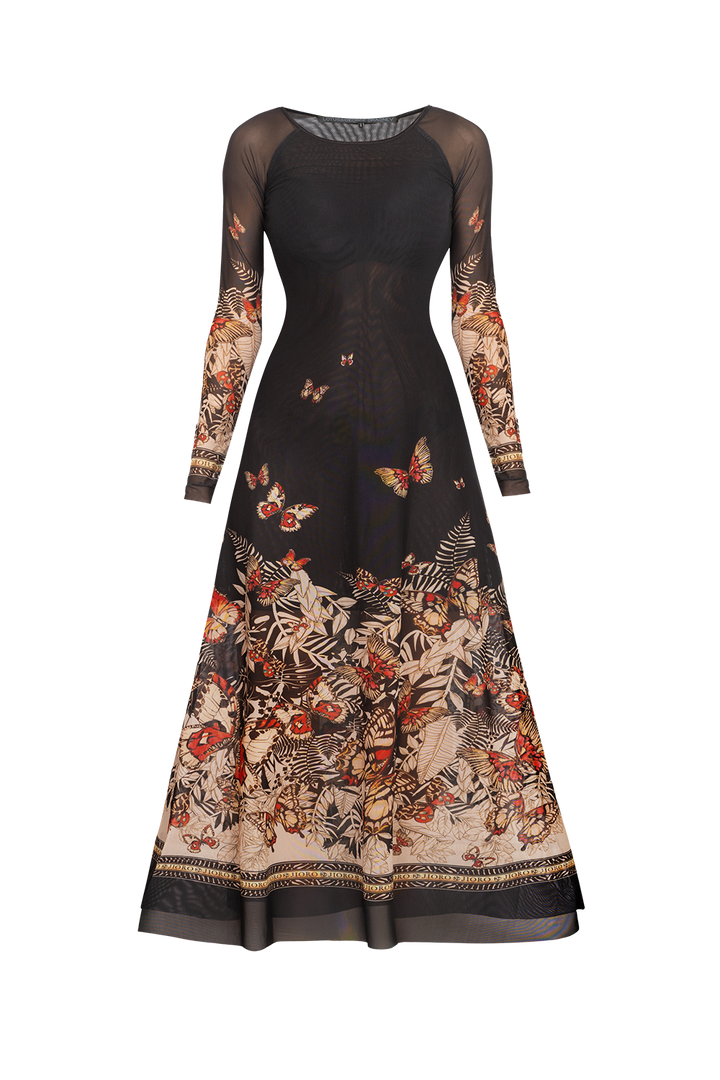 LONG FINE NET DRESS WITH BOAT NECKLINE - MIDNIGHT BUTTERFLIES