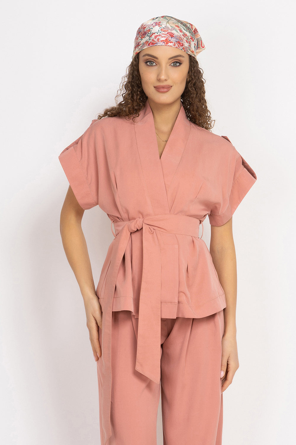 POWDER SHORT-SLEEVE JACKET WITH BELT AND LINING - ESSENTIALS JIORO САКО ОТ ЛИОСЕЛ ТИП КИМОНО С КЪС РЪКАВ И КОЛАН В ЦВЯТ ПУДРА - ESSENTIALS JIORO