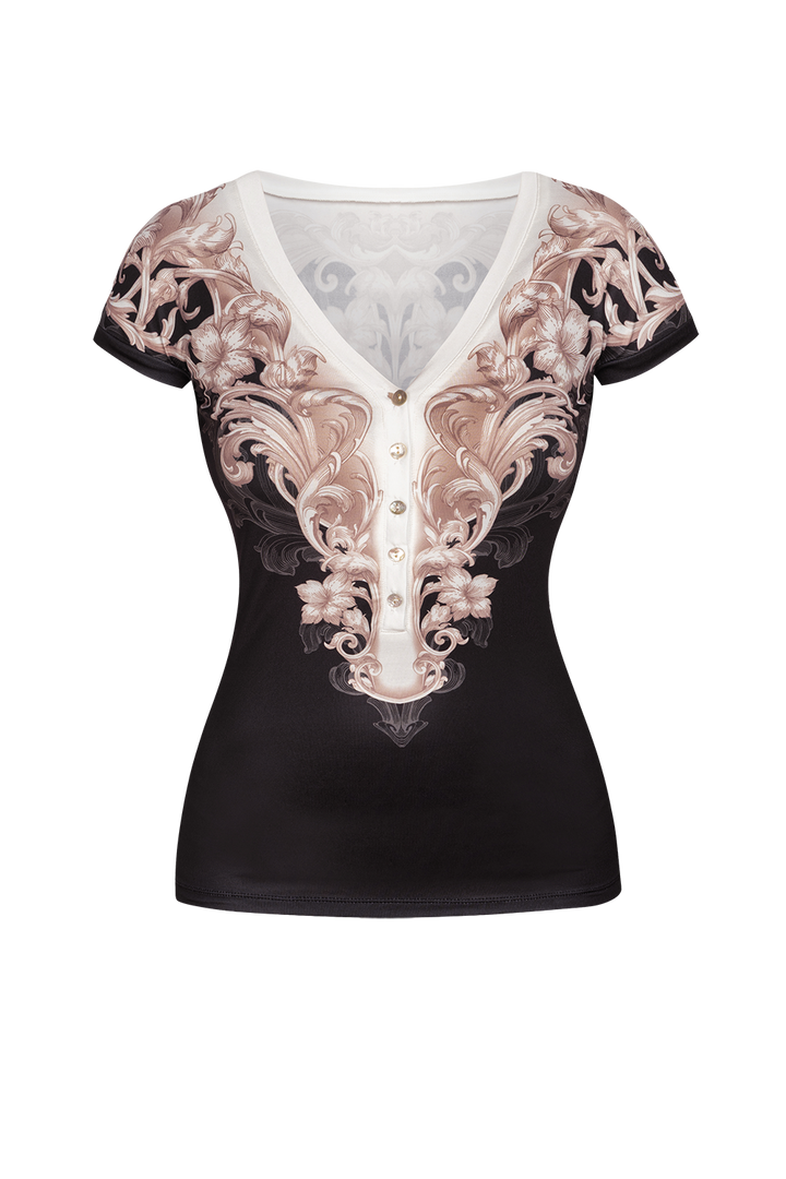BUTTON-FRONT V-NECK TOP WITH CAP SLEEVES - BAROQUE PEARL