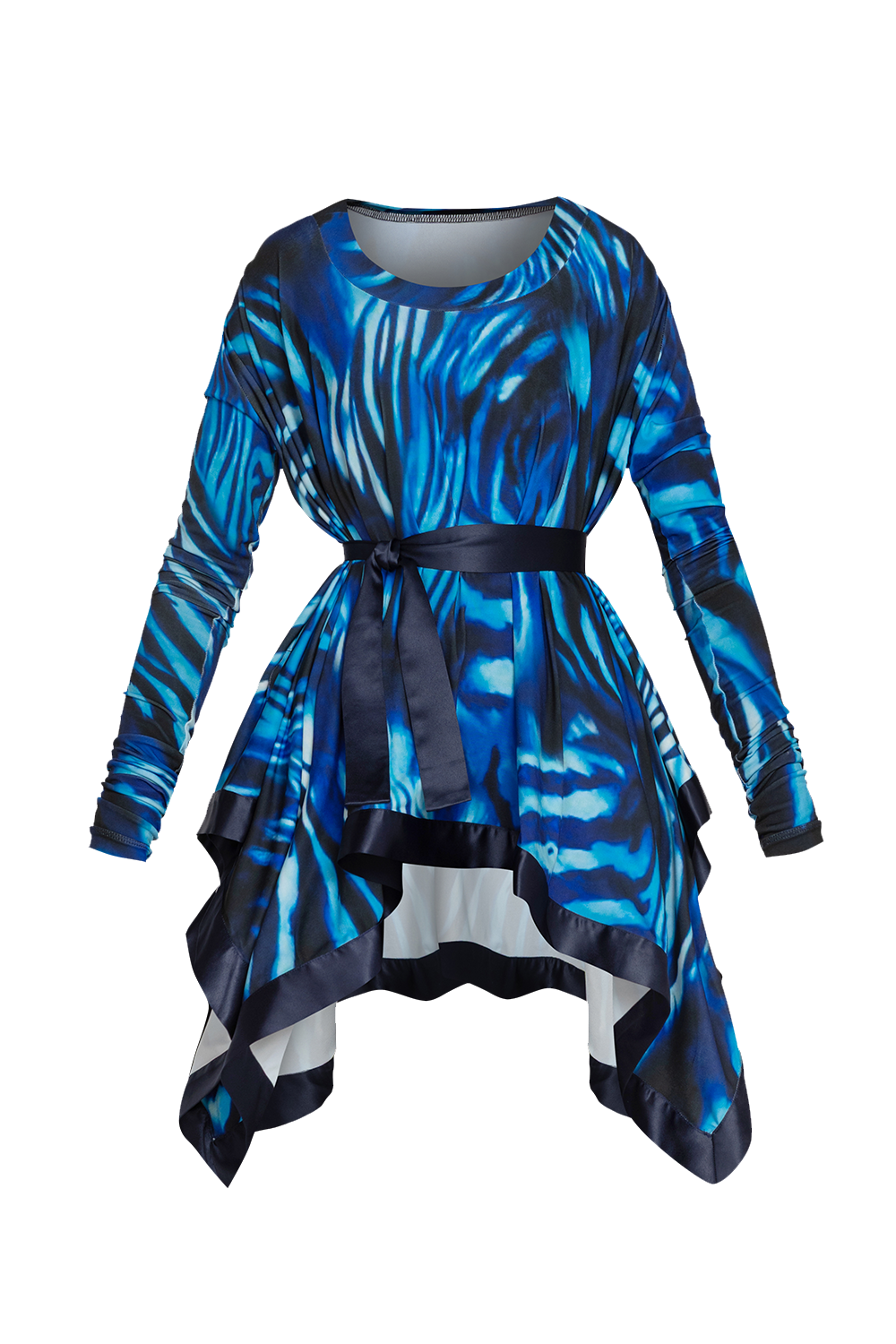 ASYMMETRIC LONG-SLEEVE TUNIC WITH DETACHABLE BELT - SHADES OF BLUE JIORO АСИМЕТРИЧНА ТУНИКА С ДЪЛГИ РЪКАВИ И ПОДВИЖЕН КОЛАН - SHADES OF BLUE JIORO