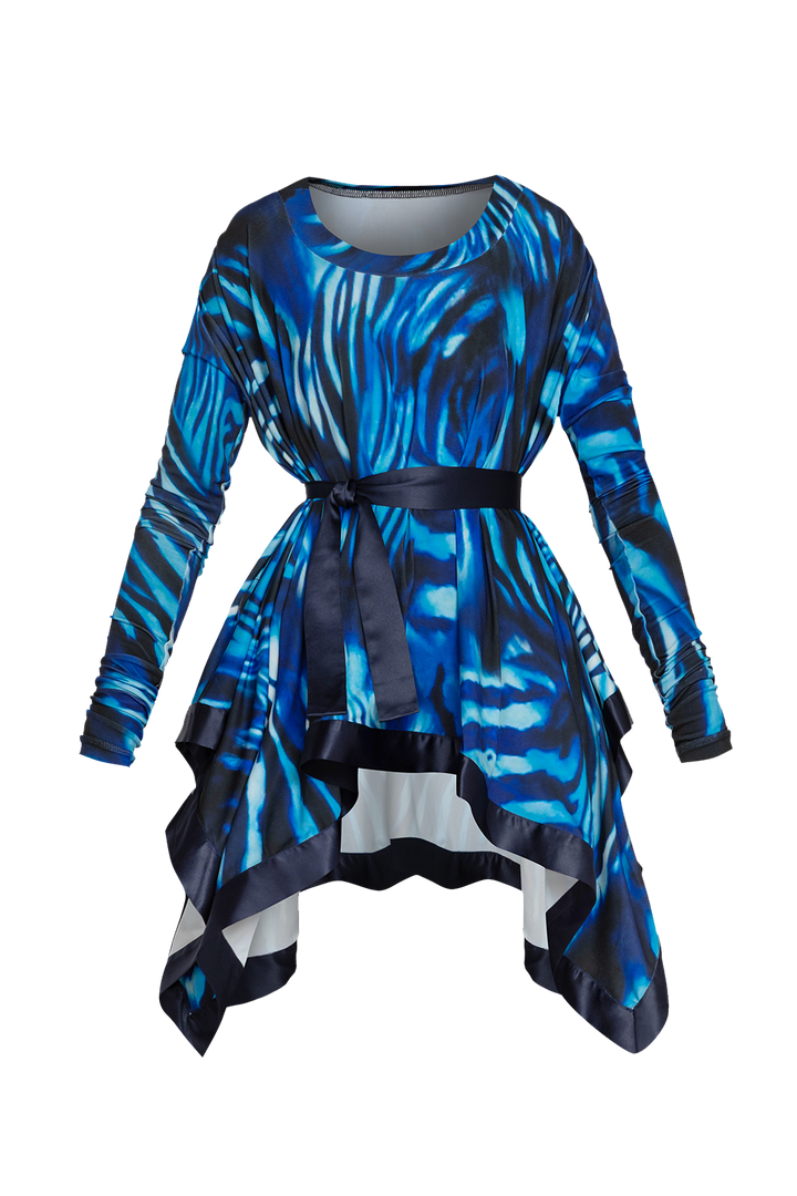 ASYMMETRIC LONG-SLEEVE TUNIC WITH DETACHABLE BELT - SHADES OF BLUE JIORO АСИМЕТРИЧНА ТУНИКА С ДЪЛГИ РЪКАВИ И ПОДВИЖЕН КОЛАН - SHADES OF BLUE JIORO