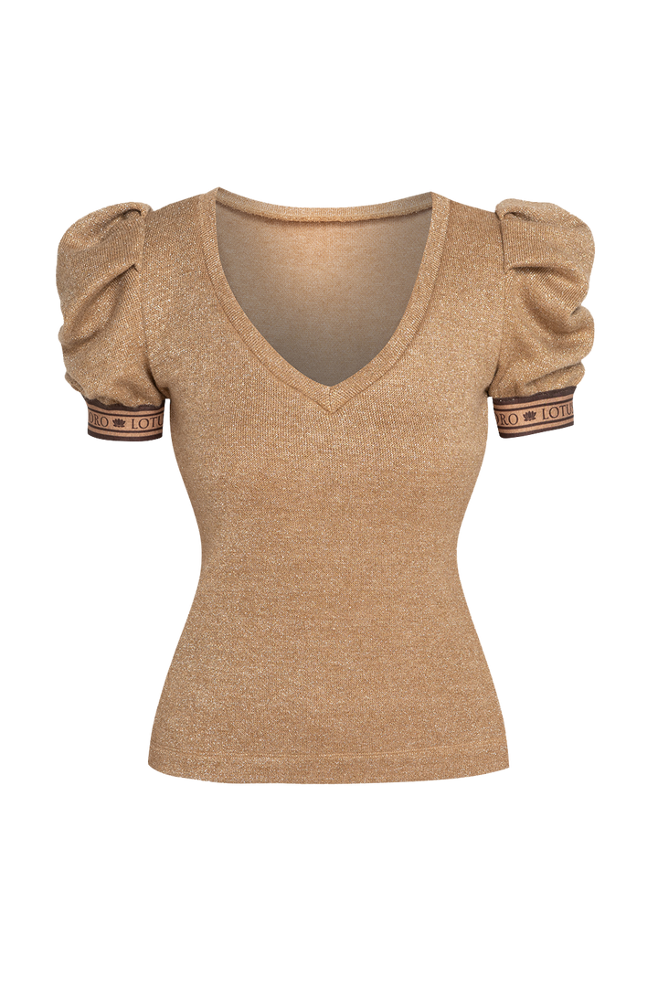 GOLD LUREX V-NECK TOP WITH PUFF SLEEVES - ESSENTIALS