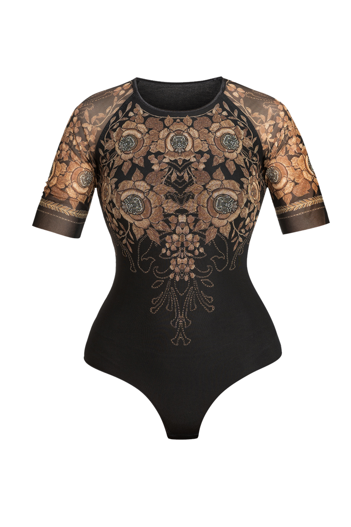 SHORT-SLEEVE MESH BODYSUIT WITH MODAL LINING - GOLDEN ROSES