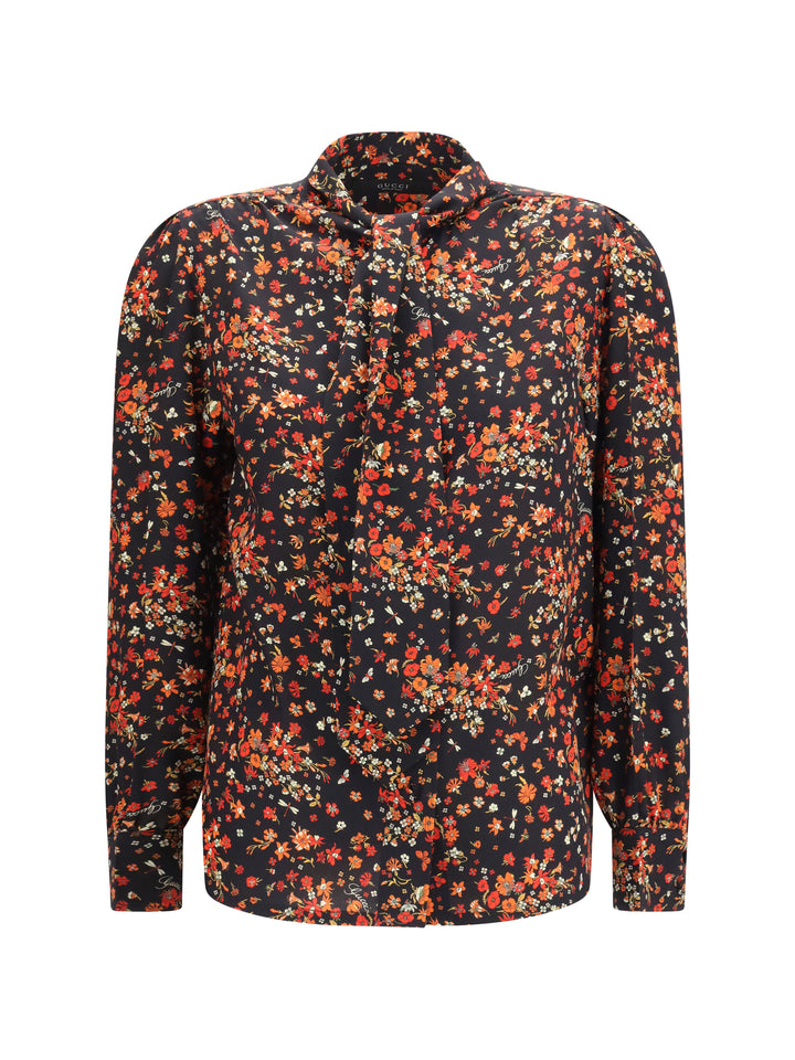 Silk Flora print Shirt with neck bow 1