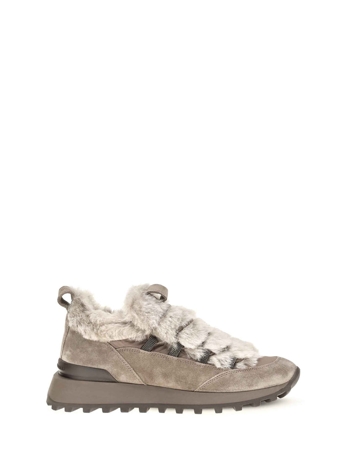 Suede and tech cotton Sneakers with shearling lining and monili detail