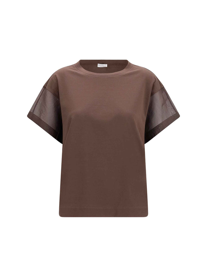 Cotton T-shirt with sheer sleeves and side panels