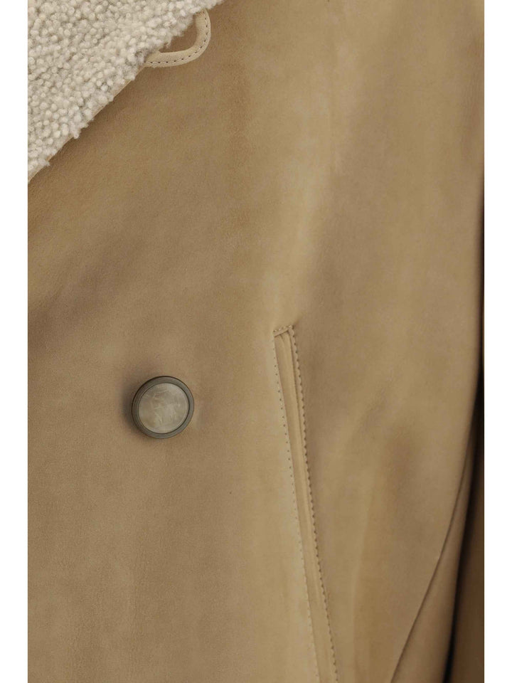 Curly suede Shearling pea Coat with shawl collar