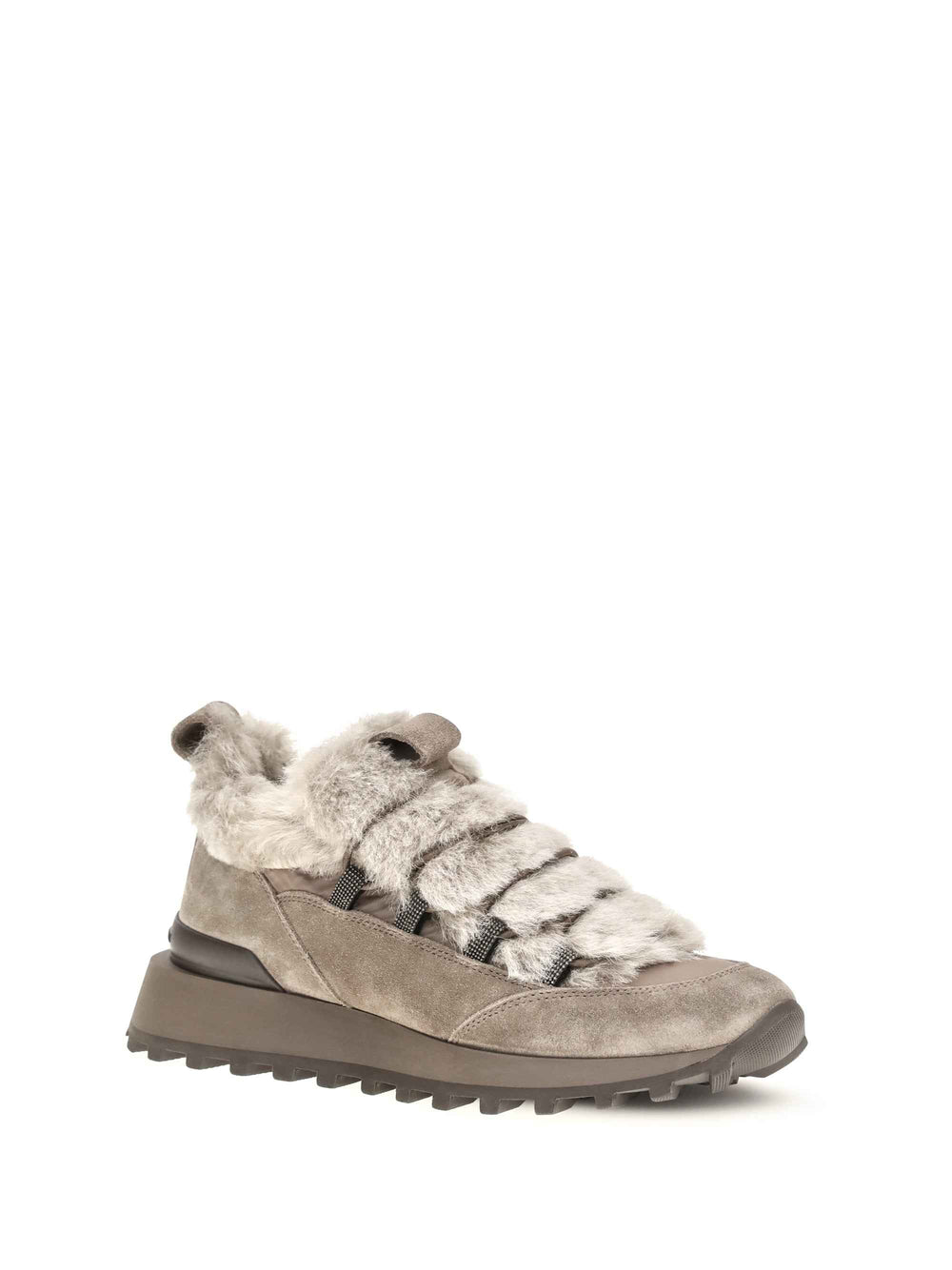 Suede and tech cotton Sneakers with shearling lining and monili detail