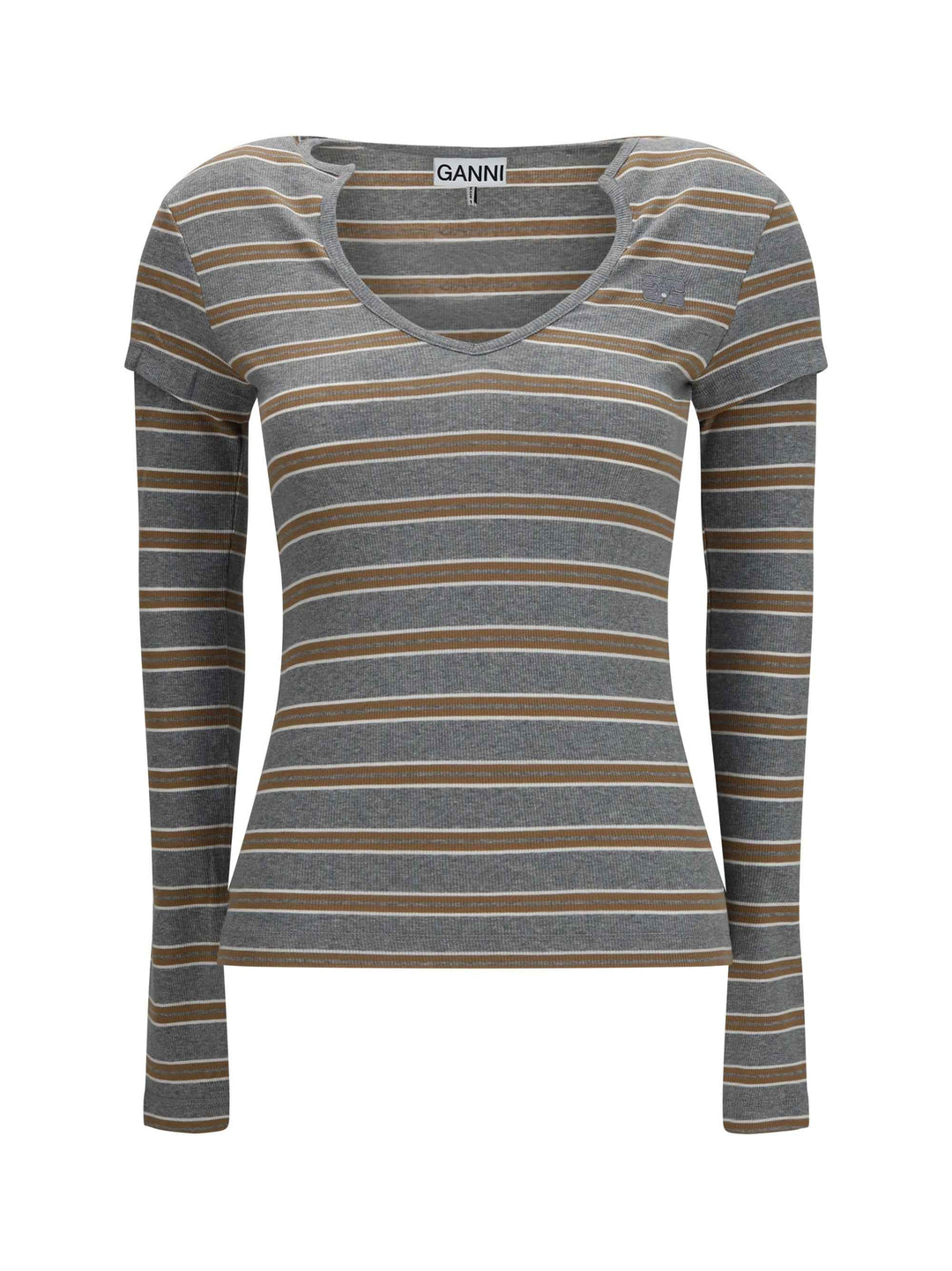 Ribbed V-neck long-sleeve T-shirt