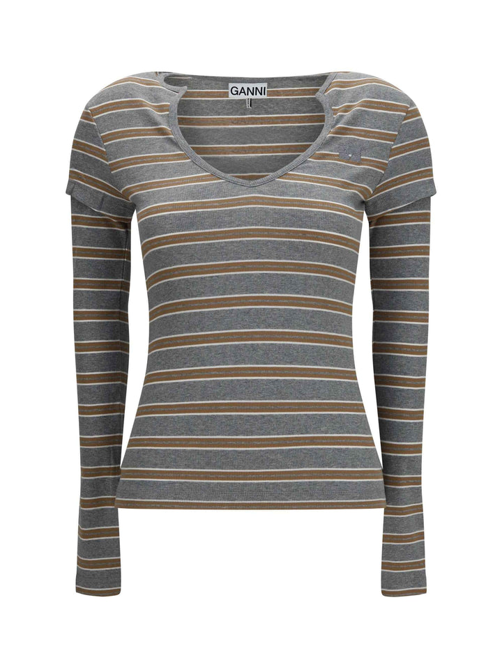 Ribbed V-neck long-sleeve T-shirt