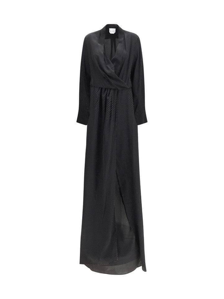 Criss Cross polka-dot silk crepe de chine long Dress 1