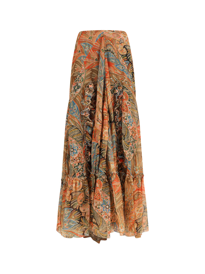 Silk long Skirt with flounce and paisley motif 1