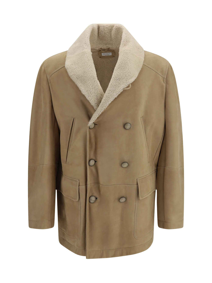 Curly suede Shearling pea Coat with shawl collar