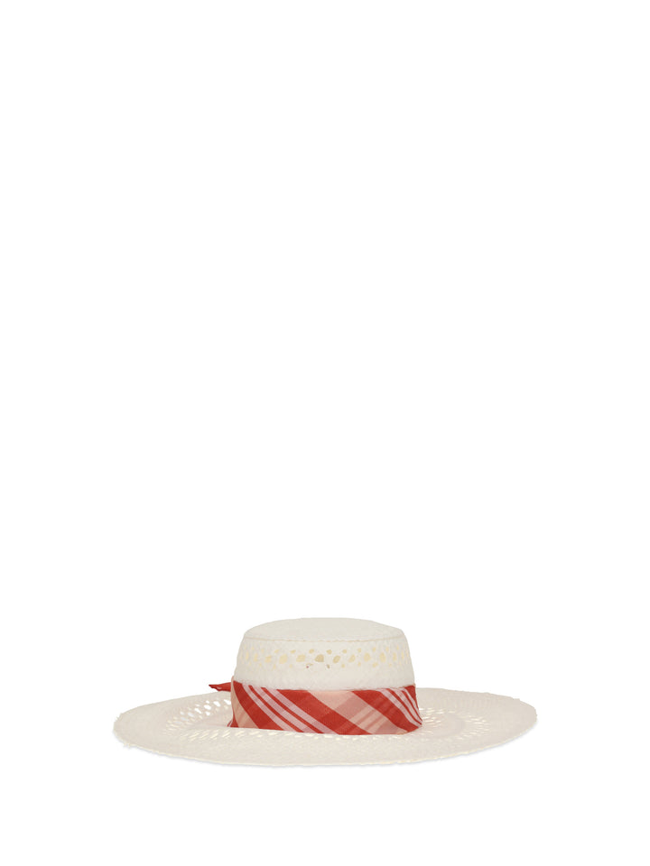 Wide-brim Hat with vichy print silk scarf 1
