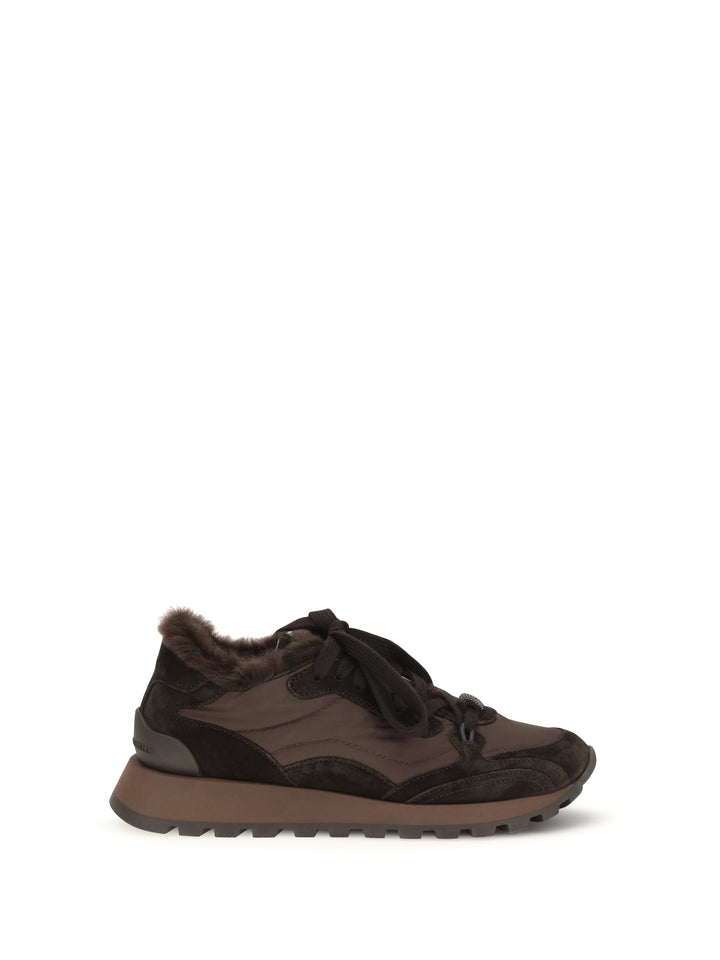 Suede and techno fabric Sneakers with shearling lining and monile 1