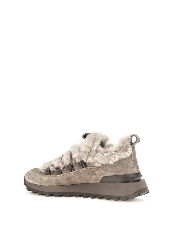 Suede and tech cotton Sneakers with shearling lining and monili detail