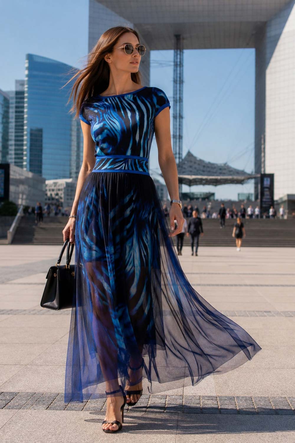 LONG FLARED MESH SKIRT WITH MODAL LINING – SHADES OF BLUE